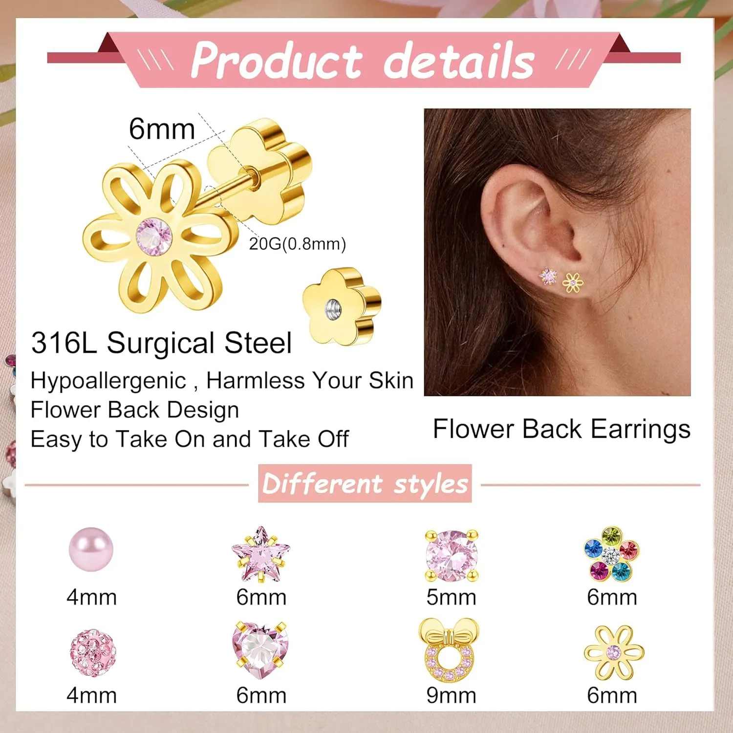 Staligue 8 & 21 Pairs Hypoallergenic Screw Back Earrings for Women  20G Surgical Steel Flat Back Studs with Heart, CZ, Pearl, Star & Ball Designs | Tiny Cartilage Jewelry Options