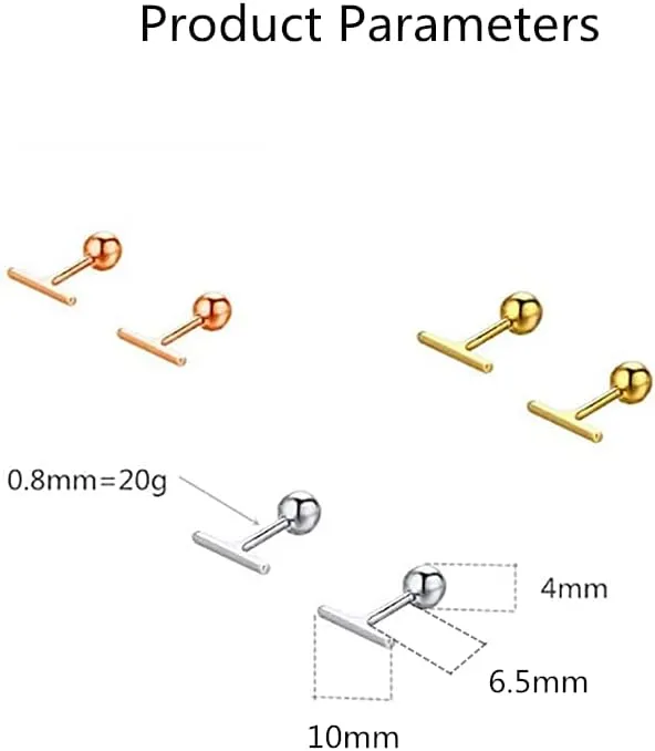 Sterling Silver Mini Bar Earrings for Women Girls 14K Gold Plated Minimalist Tiny Short Bars 20g Barbell 4mm Ball Stud Tragus Post Screw Back Hypoallergenic Dainty Jewelry