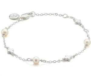Sterling Silver Pearl & Cross Charm Bracelet. Adjustable, Dainty Jewelry Chain Bracelets For Girls. Perfect First Communion Gifts for Girls, Baptism Gifts, Birthday Gift
