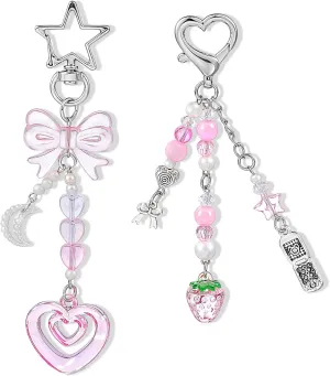 Strawberry Keychain, 2 Pcs Pink Strawberry and Heart Novelty Keychain with Star, Y2k Key Chain as Bag Charms Accessories Suitable for Backpacks Wallets Bags