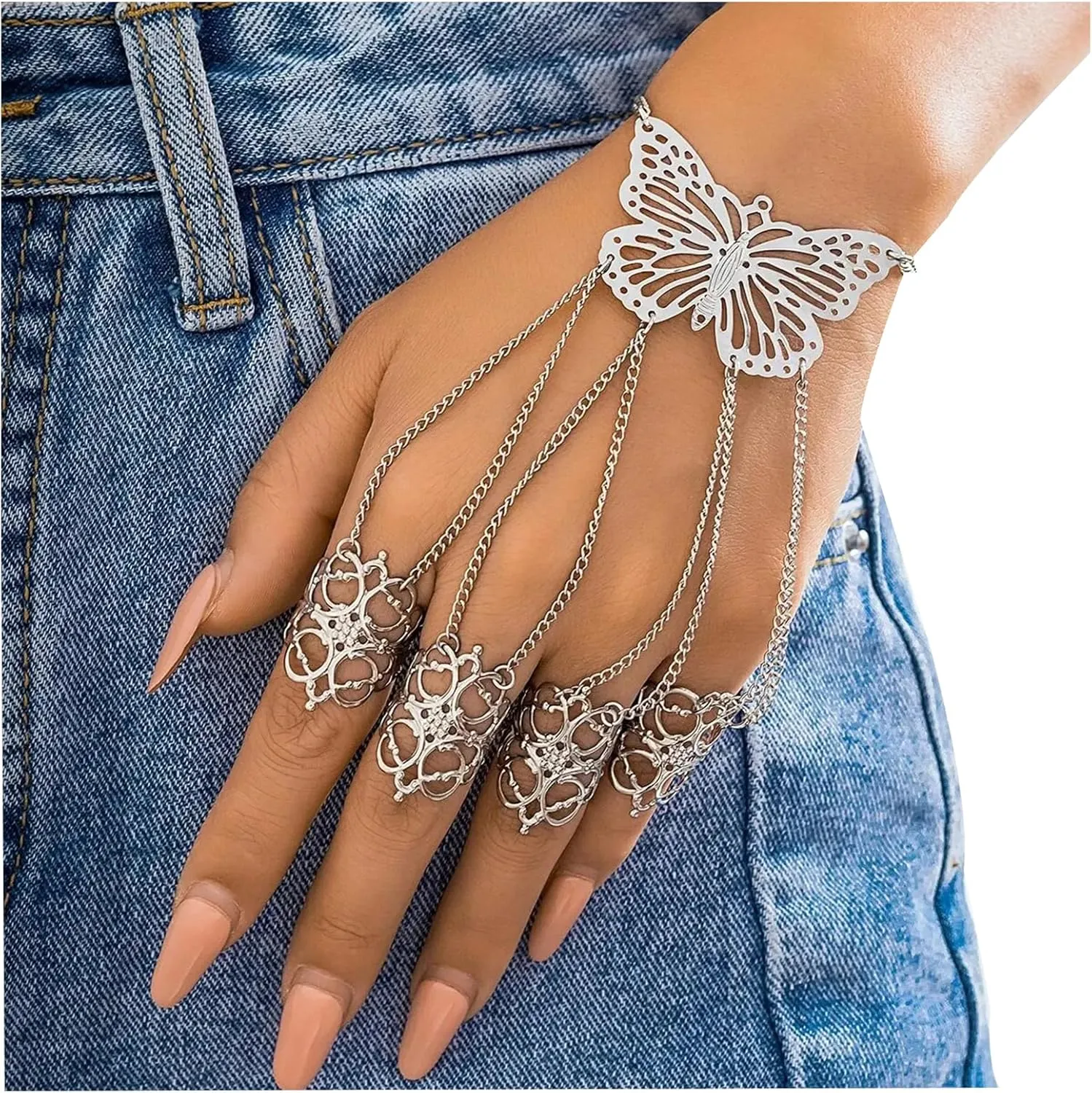 Summer Punk Butterfly Finger Bracelets with Ring,Exaggerated Finger Wrist Chains Rings Bracelets Gothic Link Chain Finger Bracelet Festival Halloween Hand Chain Body Jewelry for Women