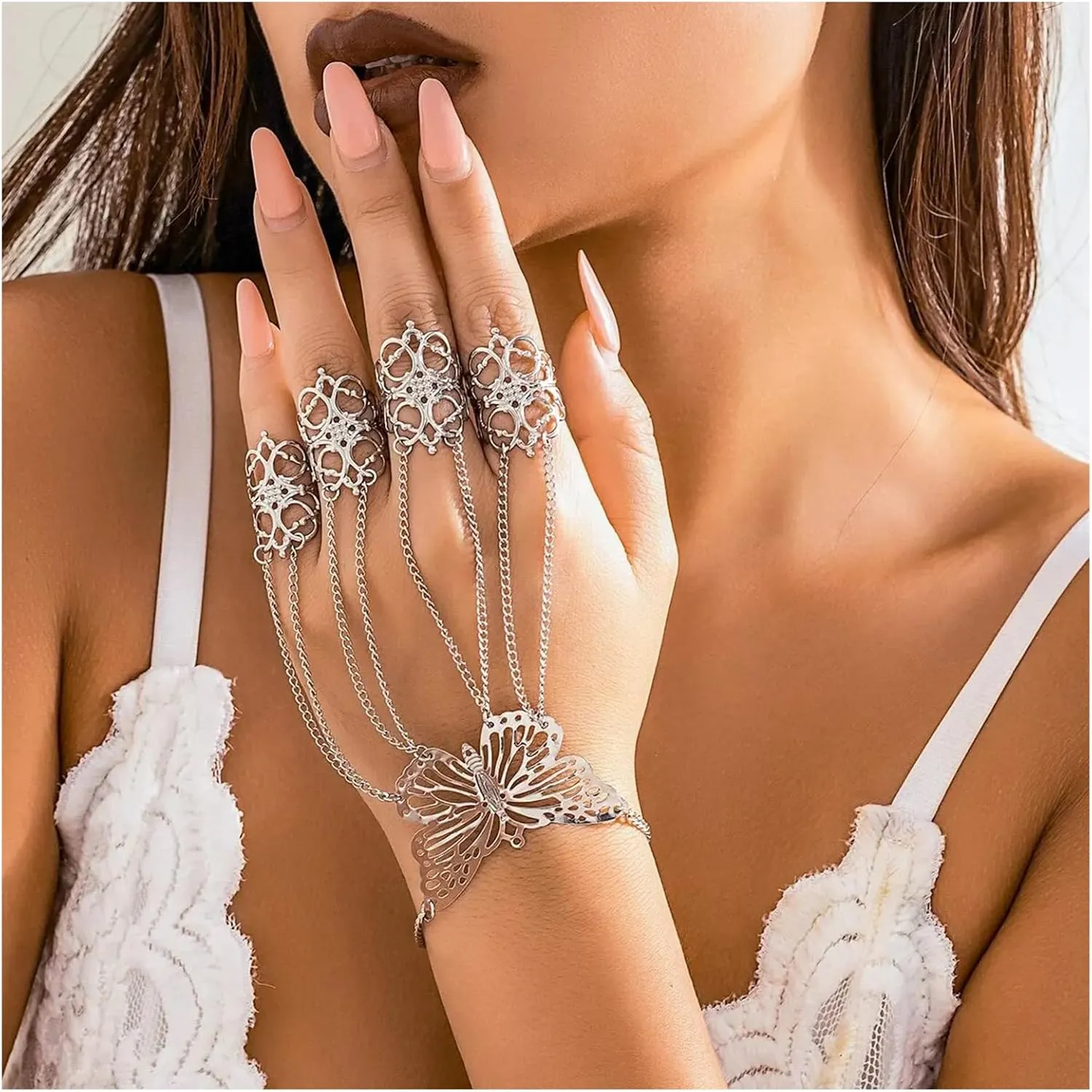 Summer Punk Butterfly Finger Bracelets with Ring,Exaggerated Finger Wrist Chains Rings Bracelets Gothic Link Chain Finger Bracelet Festival Halloween Hand Chain Body Jewelry for Women