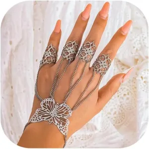 Summer Punk Butterfly Finger Bracelets with Ring,Exaggerated Finger Wrist Chains Rings Bracelets Gothic Link Chain Finger Bracelet Festival Halloween Hand Chain Body Jewelry for Women