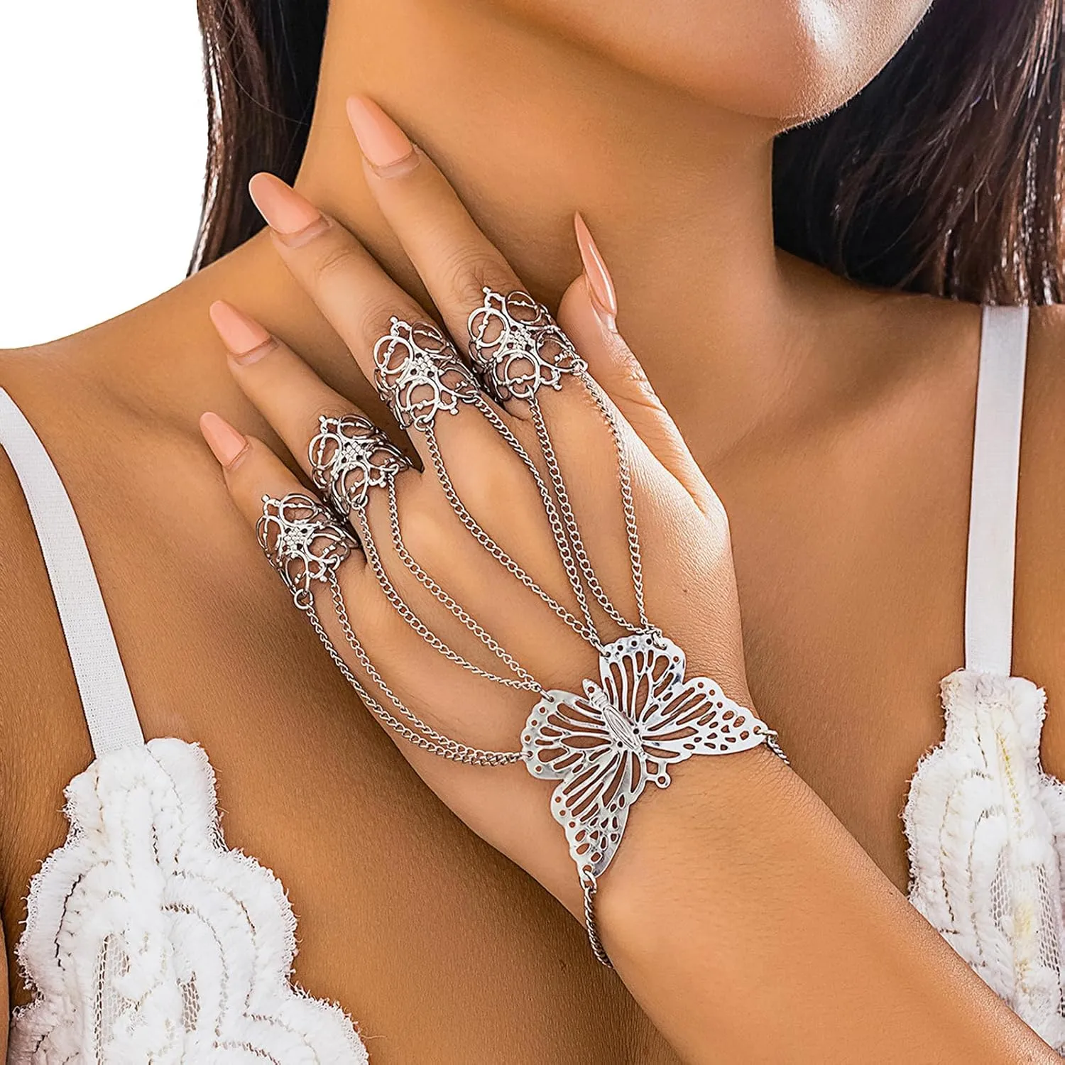Summer Punk Butterfly Finger Bracelets with Ring,Exaggerated Finger Wrist Chains Rings Bracelets Gothic Link Chain Finger Bracelet Festival Halloween Hand Chain Body Jewelry for Women