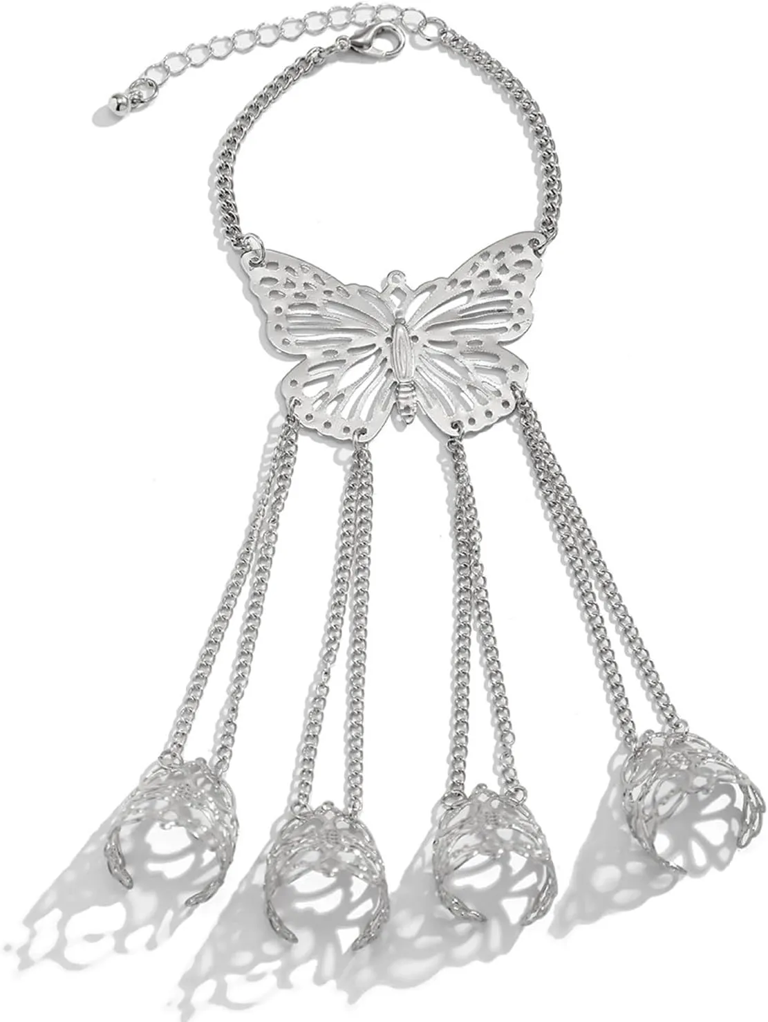 Summer Punk Butterfly Finger Bracelets with Ring,Exaggerated Finger Wrist Chains Rings Bracelets Gothic Link Chain Finger Bracelet Festival Halloween Hand Chain Body Jewelry for Women