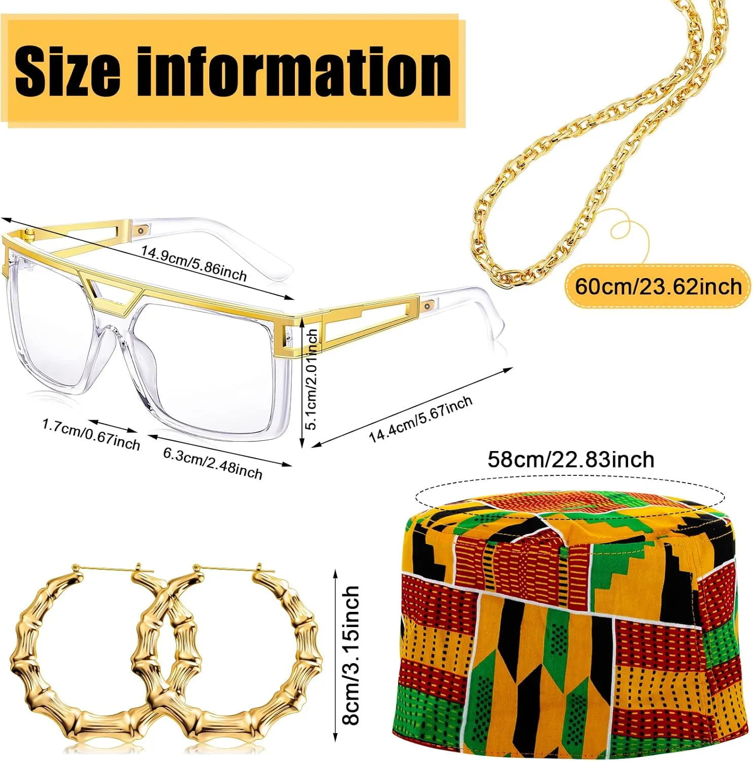 Sureio 4 Pcs 80s 90s Hip Hop Costume African Kufi Hat for Women Jewelry Rapper Accessories for Women Men Freaknik Party