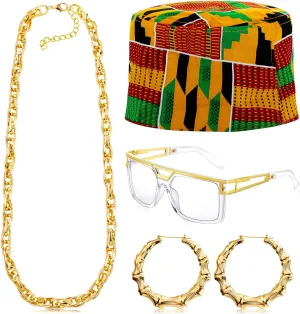 Sureio 4 Pcs 80s 90s Hip Hop Costume African Kufi Hat for Women Jewelry Rapper Accessories for Women Men Freaknik Party