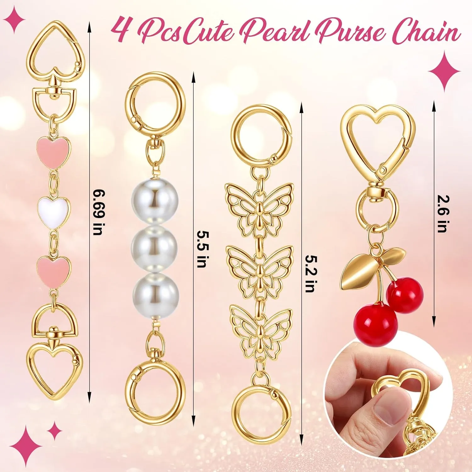 Sureio 4 Pcs Strawberry Cherry Keychain Pearl Purse Strap Extender Bag Charm Keychain Handbags Accessory Women Girls Gift