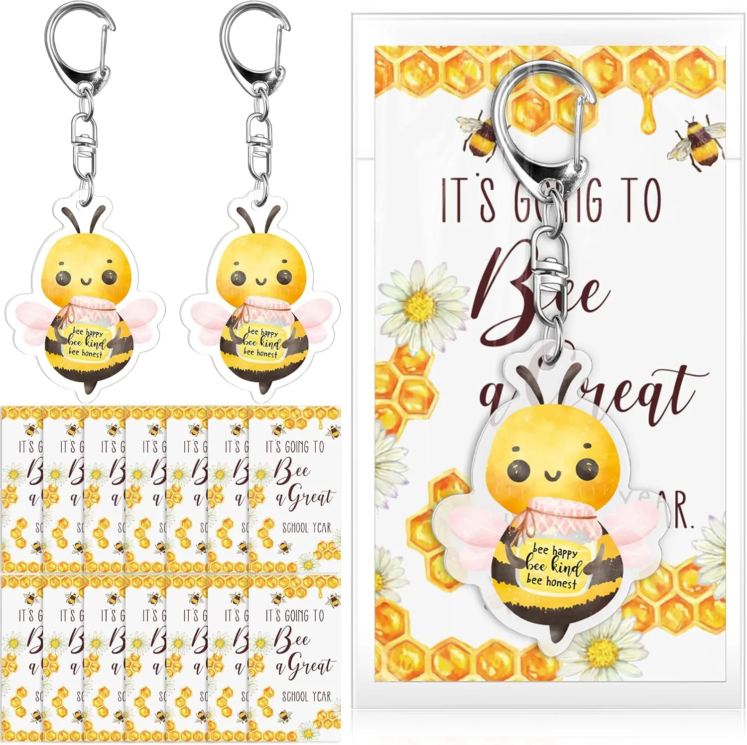 Sureio Inspirational Honeybee Keychain Back to School Gift for Teacher Student Acrylic Bee Keyrings with Card Bags (30)