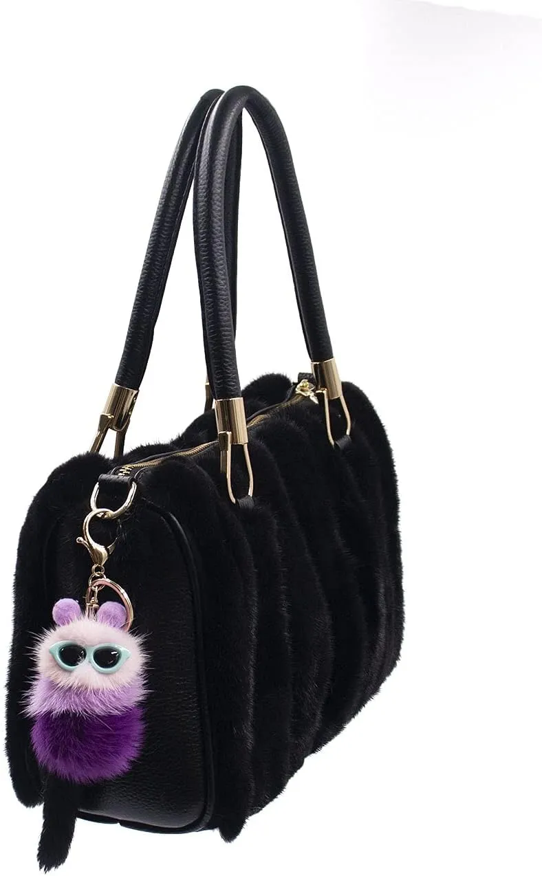 surell Mink Fur Caterpillar Keychain with Sunglasses - Cute Summer Keychains for Women and Girls - Fluffy Pompom Keyring