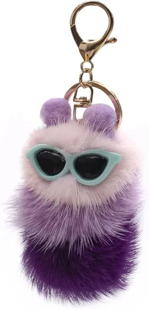 surell Mink Fur Caterpillar Keychain with Sunglasses - Cute Summer Keychains for Women and Girls - Fluffy Pompom Keyring