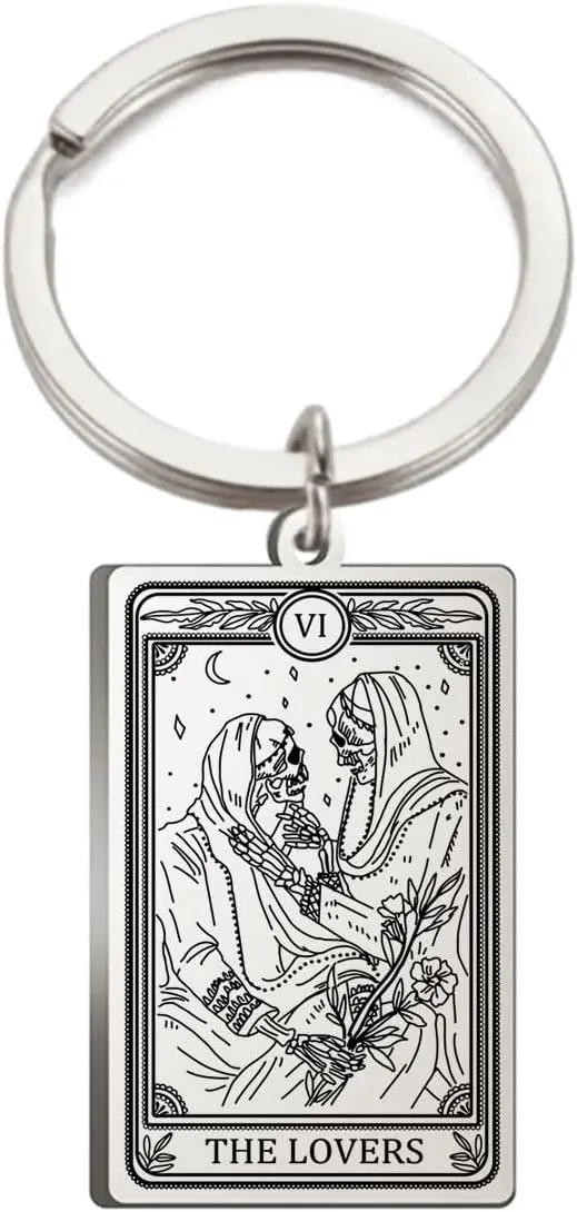 TEAMER Skeleton Tarot Cards Keychains Stainless Steel Amulet Marigold Tarot Card Major Arcana Keyring for Keys Cars Bags