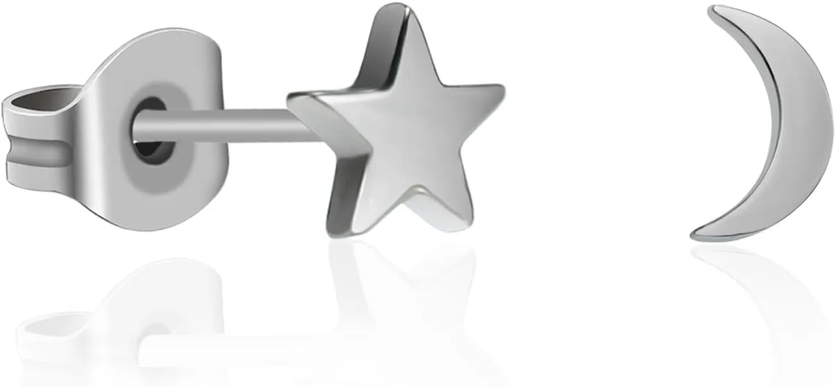 TGNEL Pure Titanium Studs Earrings Nickel Free Crescent Moon/Star/Lightning Bolt/Hexagram Hypoallergenic Earrings for Sensitive Ears, Small Cute Earring Jewellery Gift for Women Men Celestial Lover
