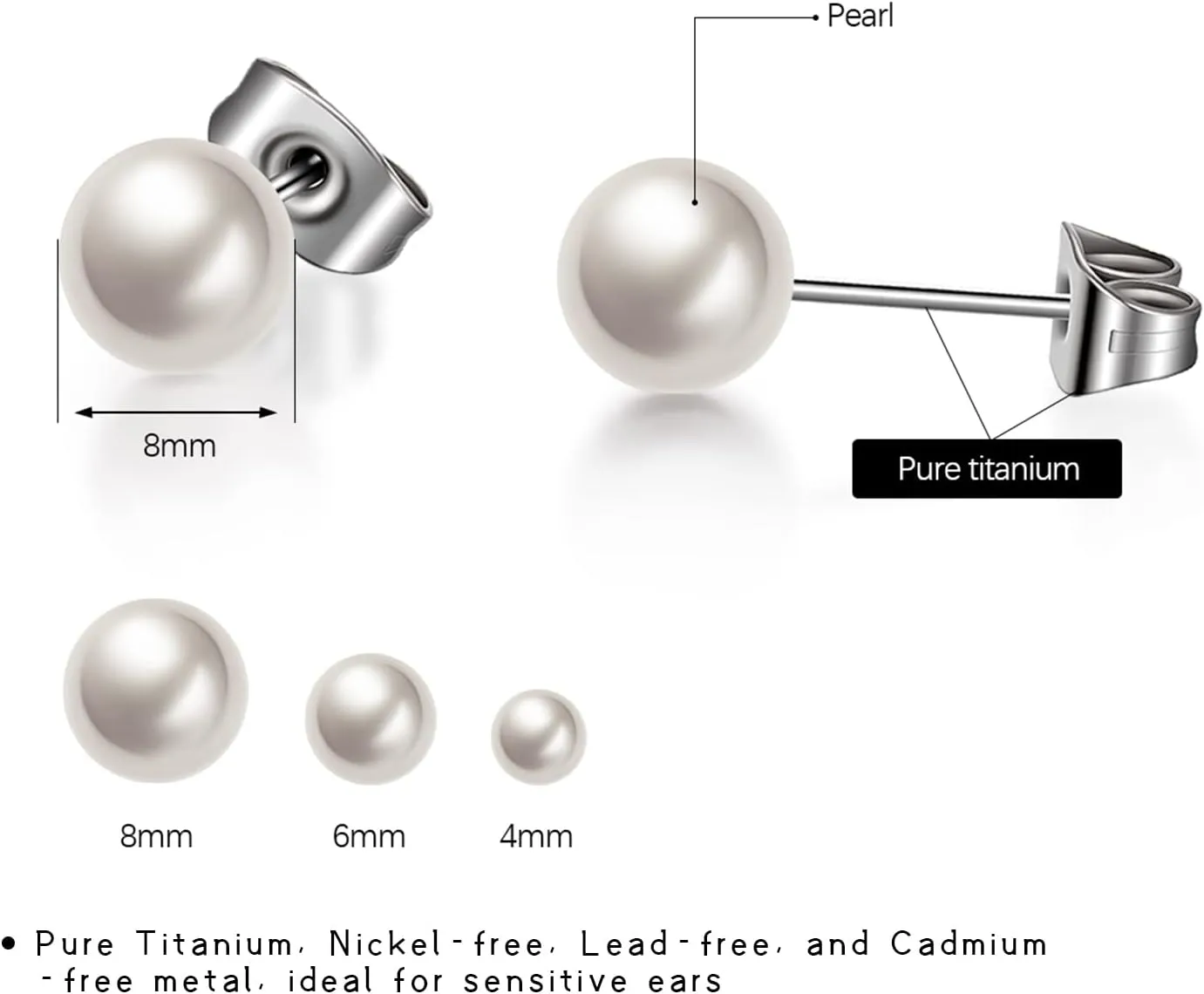 TGNEL Titanium Studs Earrings White/Pink Pearl Earrings for Women, Round Ball Hypoallergenic Earrings for Sensitive Ears 4-8mm