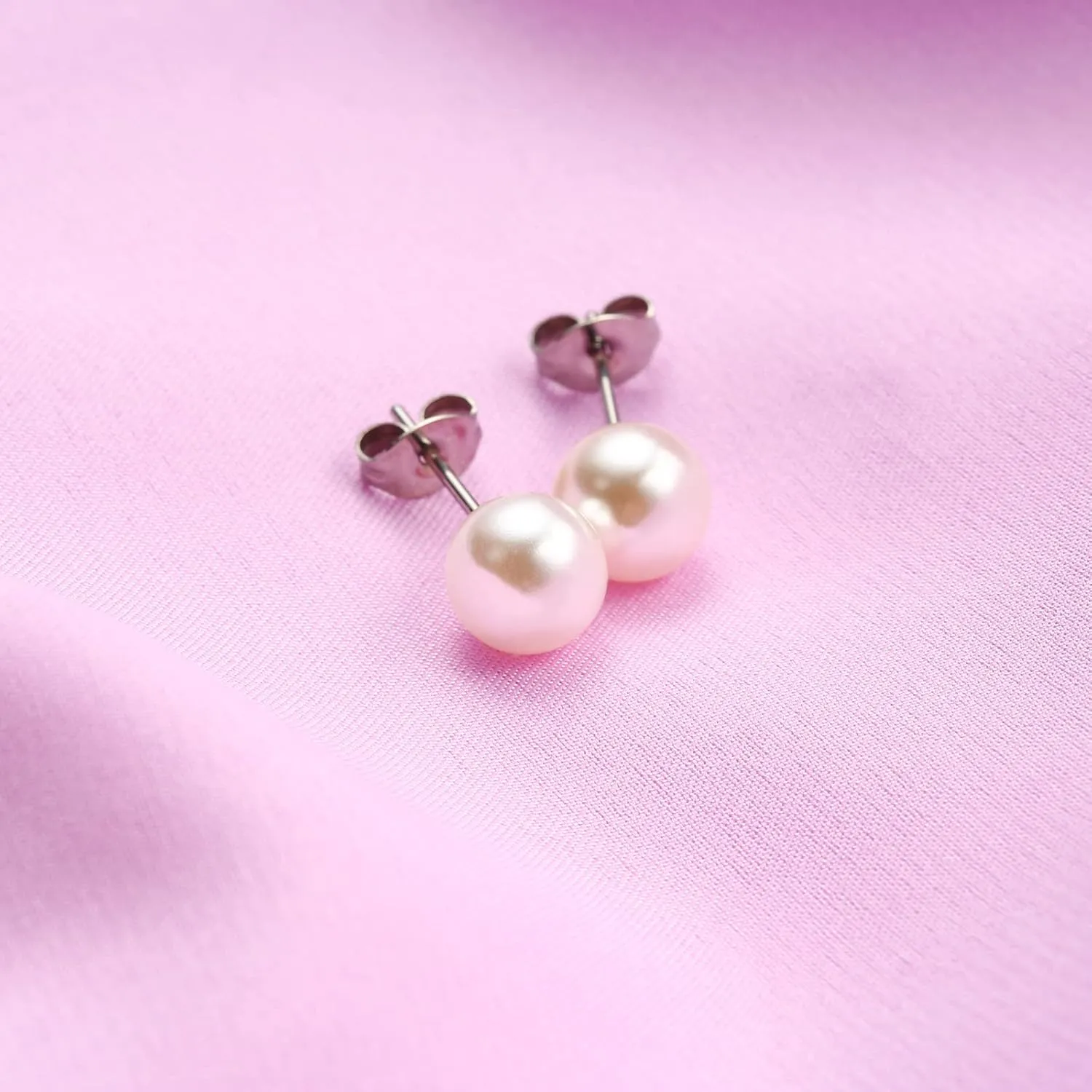 TGNEL Titanium Studs Earrings White/Pink Pearl Earrings for Women, Round Ball Hypoallergenic Earrings for Sensitive Ears 4-8mm
