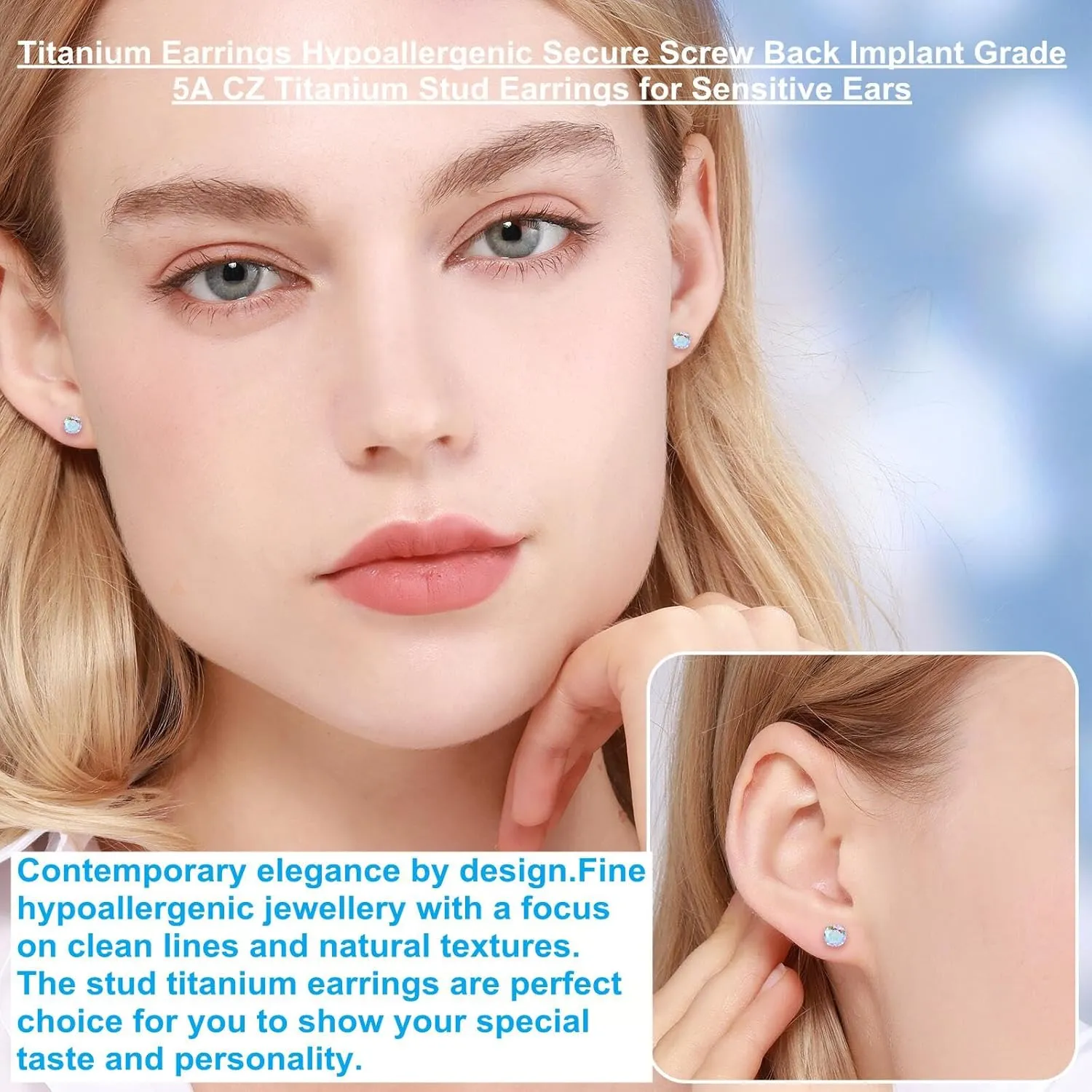 Titanium Earrings, Hypoallergenic Screw Back G23 Implant Grade 20G Titanium Simulated Diamond Earrings for Sensitive Ears 5mm 5A Cubic Zirconia Stud Earrings for Women Men