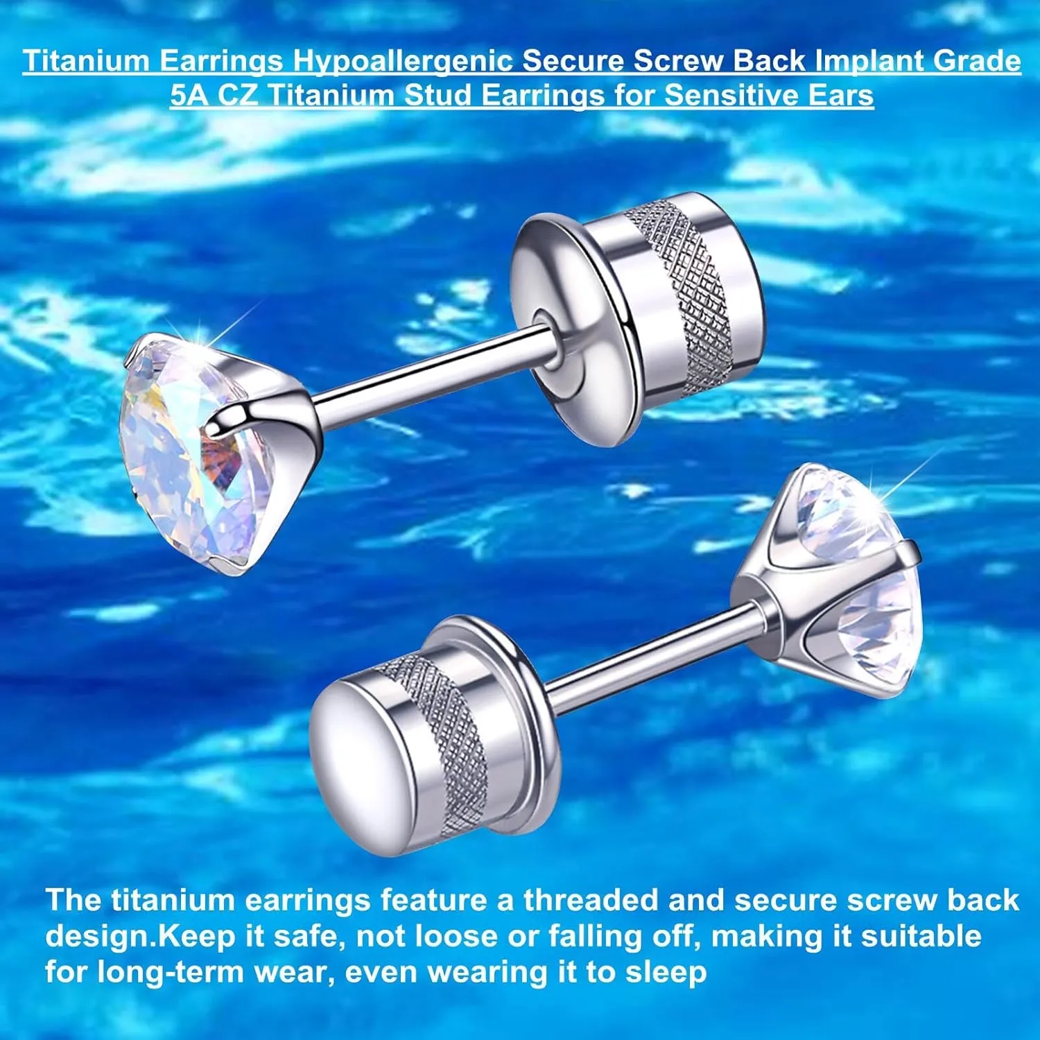 Titanium Earrings, Hypoallergenic Screw Back G23 Implant Grade 20G Titanium Simulated Diamond Earrings for Sensitive Ears 5mm 5A Cubic Zirconia Stud Earrings for Women Men