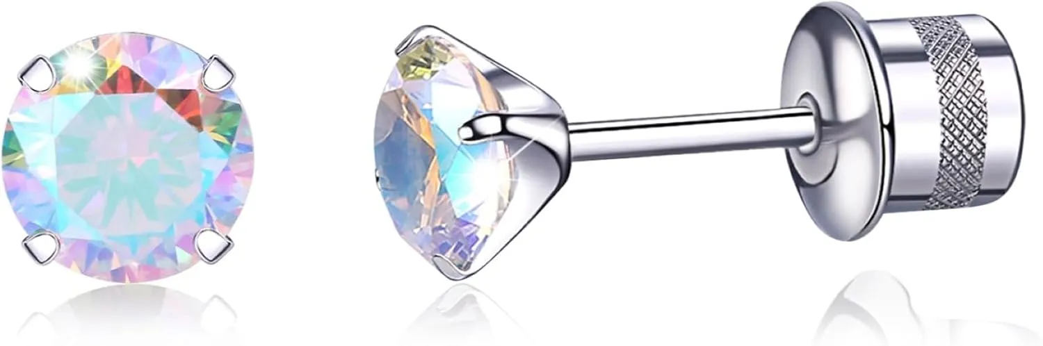 Titanium Earrings, Hypoallergenic Screw Back G23 Implant Grade 20G Titanium Simulated Diamond Earrings for Sensitive Ears 5mm 5A Cubic Zirconia Stud Earrings for Women Men