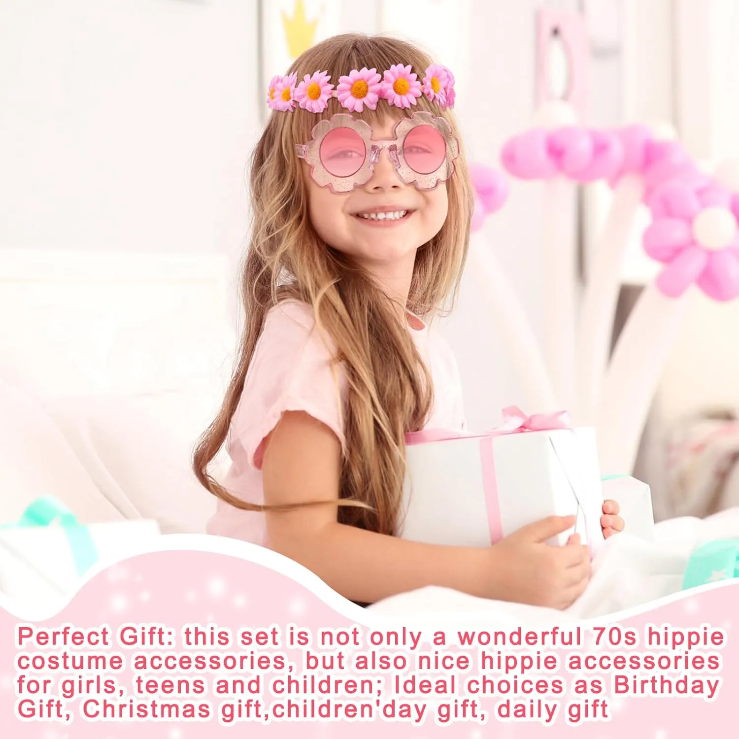 Tondiamo 5 Pcs Kids Hippie Costume Accessories 60s 70s Toddler Girl Outfit Boho Peace Sign Daisy Flower for Halloween Cosplay