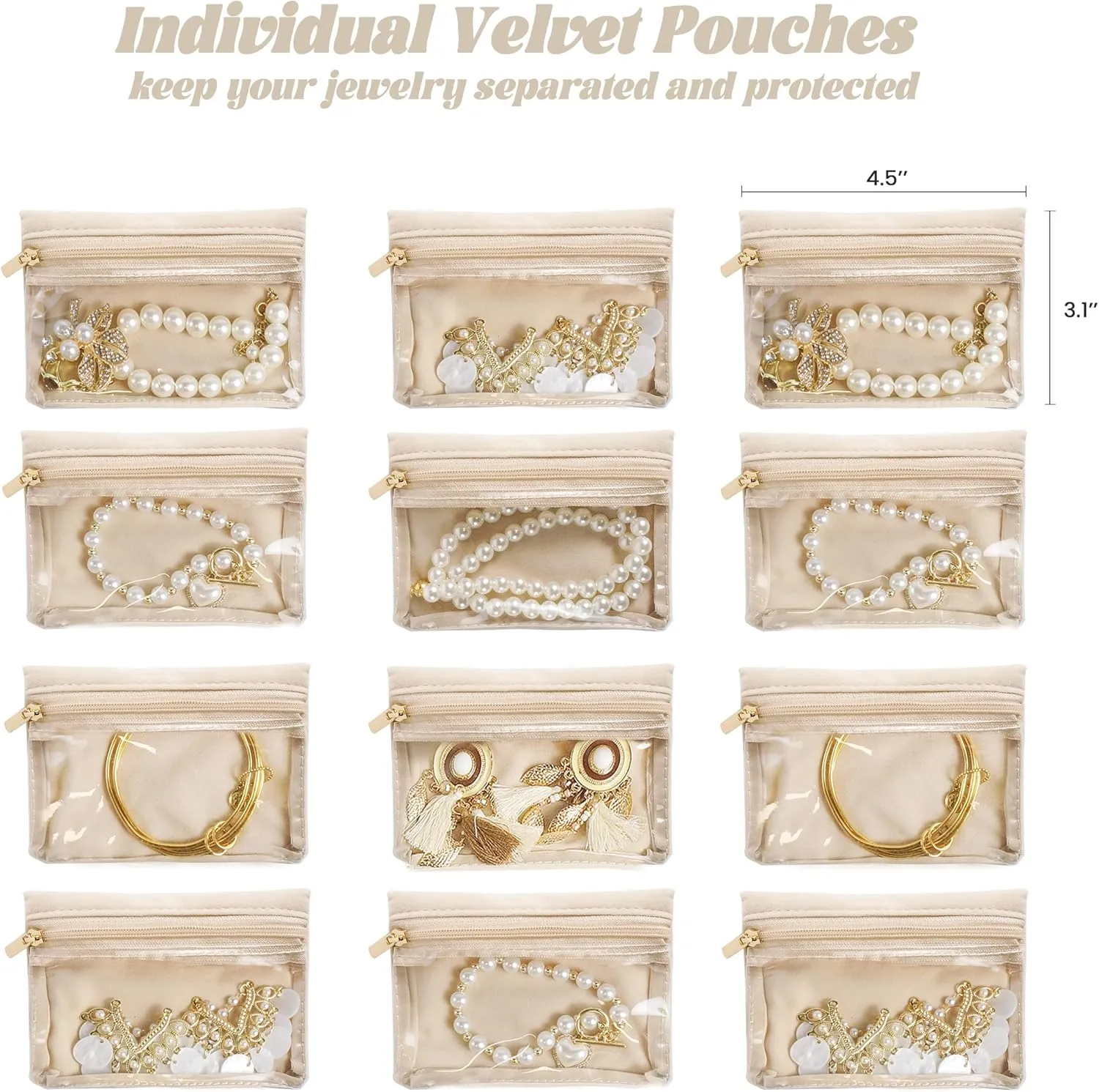 Travel Jewelry Case, Portable Jewelry Box with 12 Jewelry Bags,Travel Gift for Women Teen Girls (Beige 12 Pcs)