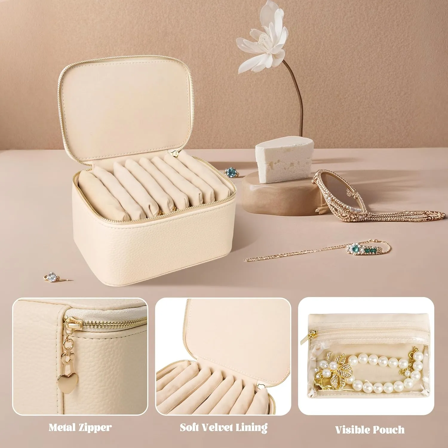 Travel Jewelry Case, Portable Jewelry Box with 8 Jewelry Bags,Travel Gift for Women Teen Girls (Beige 8 Pcs)