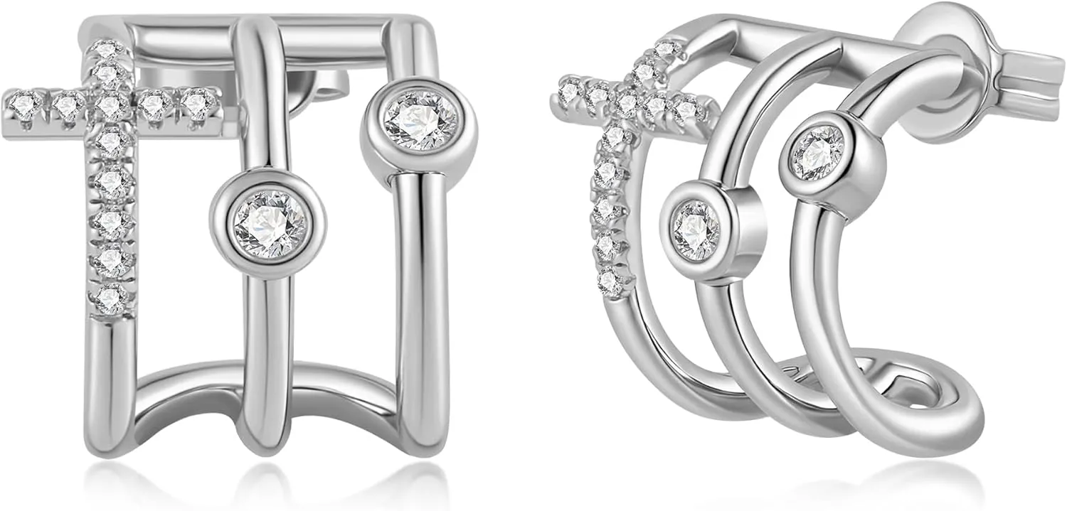 Triple Huggie Illusion Stud Earrings Double Huggie Hoop Earrings for One Hole 14K Gold Plated Hoop Earrings for Women