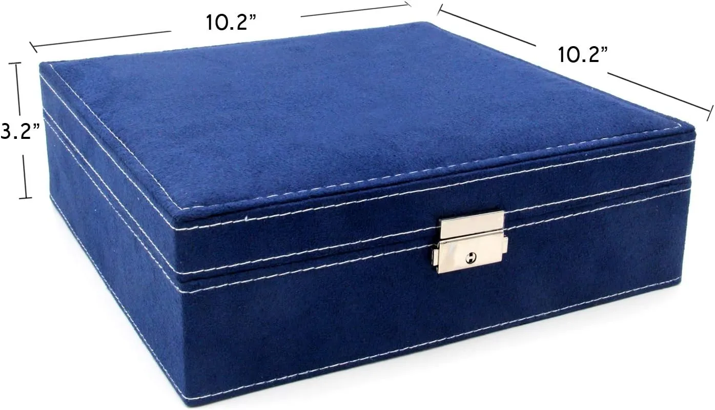Two-Layer Jewelry Box Organizer Display Storage case with Lock (Deep Blue)
