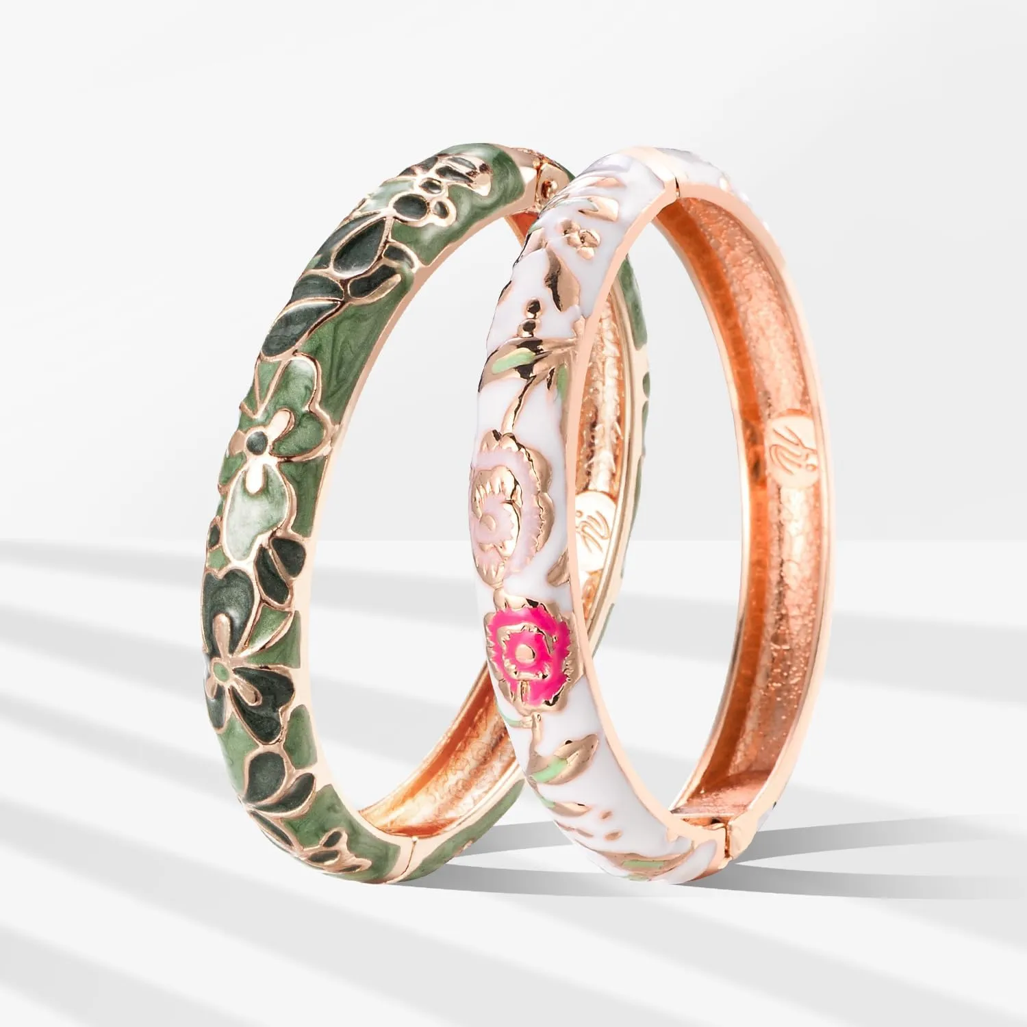 UJOY Fashion Cloisonne Bracelets Set Gold Plated Enameled Jewelry Spring Hinged Metal Cuff Bangles Gift Box Packed