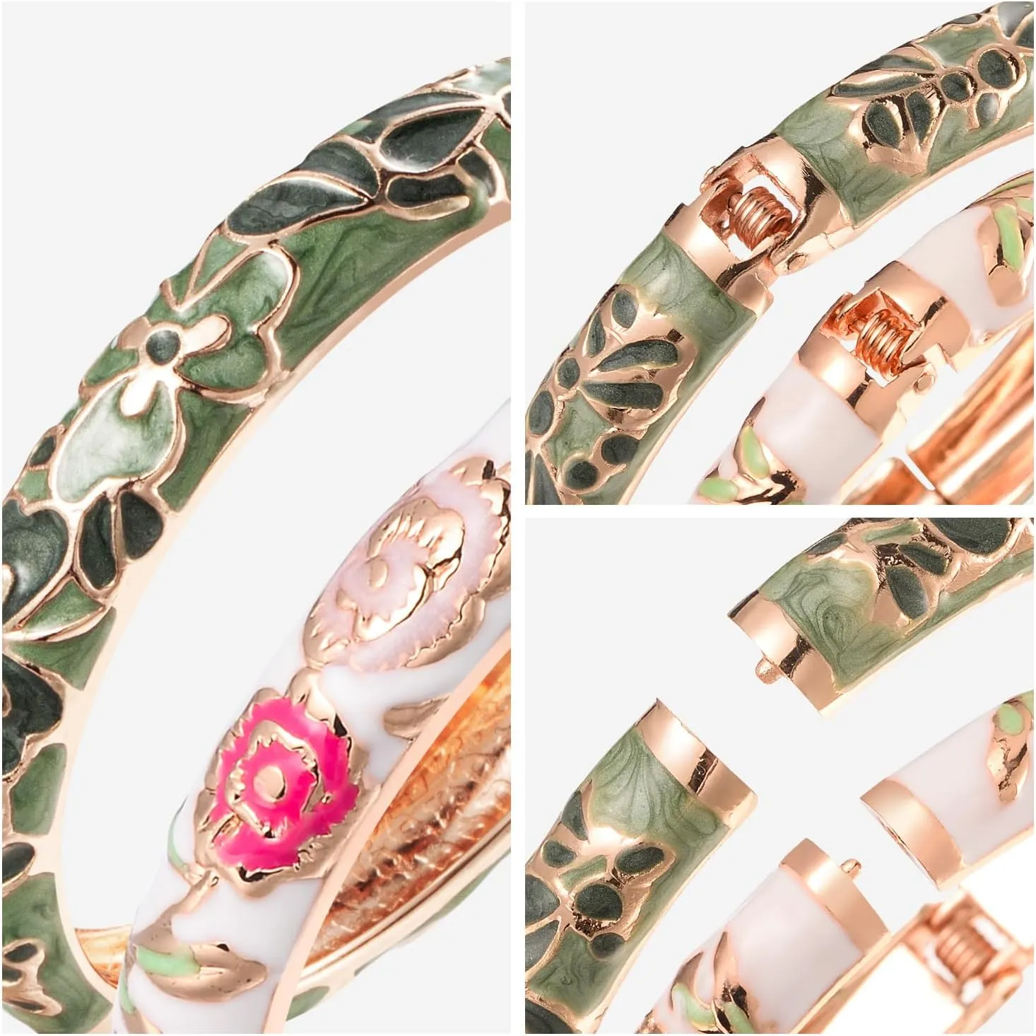 UJOY Fashion Cloisonne Bracelets Set Gold Plated Enameled Jewelry Spring Hinged Metal Cuff Bangles Gift Box Packed