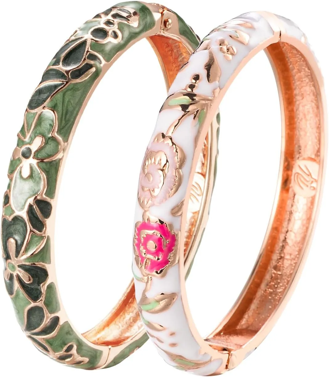 UJOY Fashion Cloisonne Bracelets Set Gold Plated Enameled Jewelry Spring Hinged Metal Cuff Bangles Gift Box Packed
