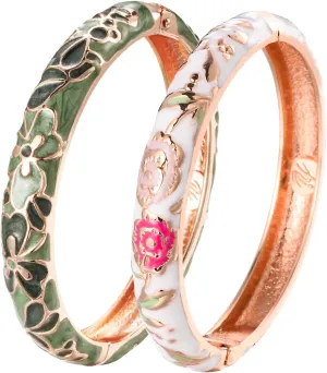 UJOY Fashion Cloisonne Bracelets Set Gold Plated Enameled Jewelry Spring Hinged Metal Cuff Bangles Gift Box Packed