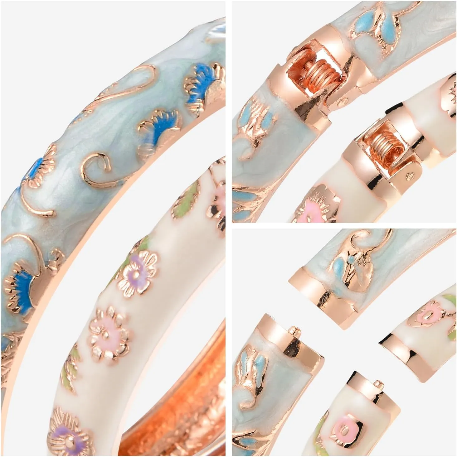 UJOY Vintage Cloisonne Bracelets Cuff Golden Metal Bangles Indian Flower Pink Enameled Jewelry Box for Women