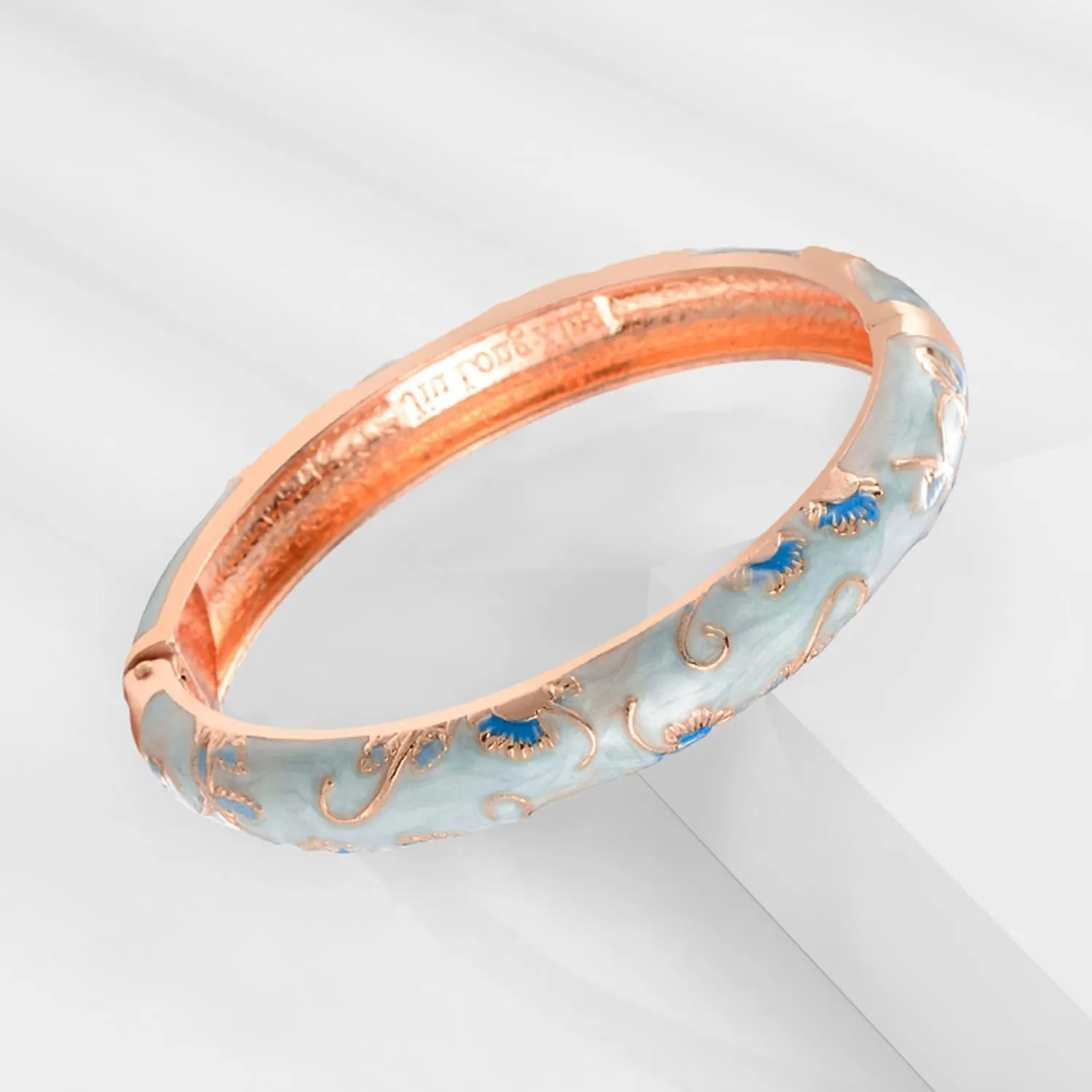 UJOY Vintage Cloisonne Bracelets Cuff Golden Metal Bangles Indian Flower Pink Enameled Jewelry Box for Women