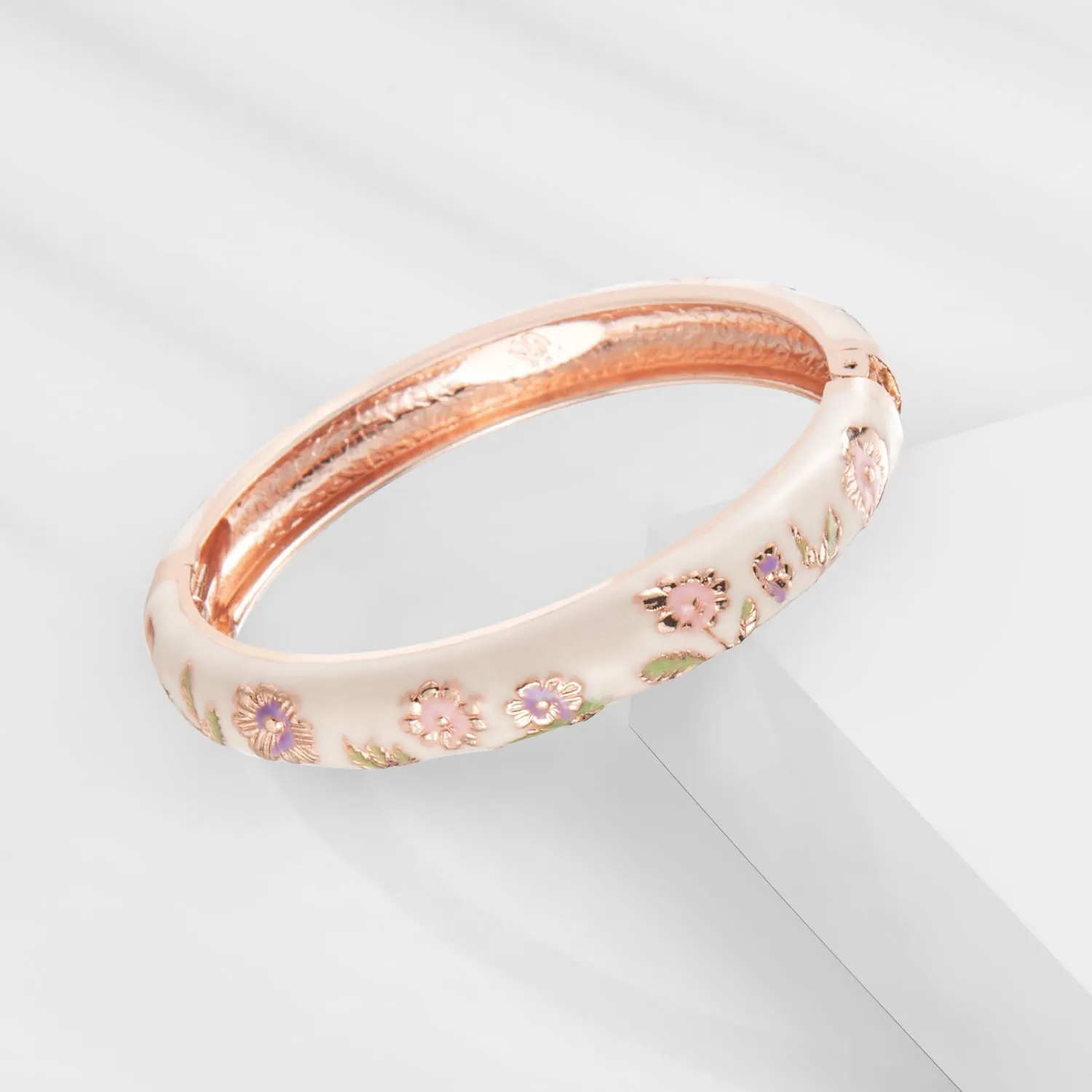 UJOY Vintage Cloisonne Bracelets Cuff Golden Metal Bangles Indian Flower Pink Enameled Jewelry Box for Women