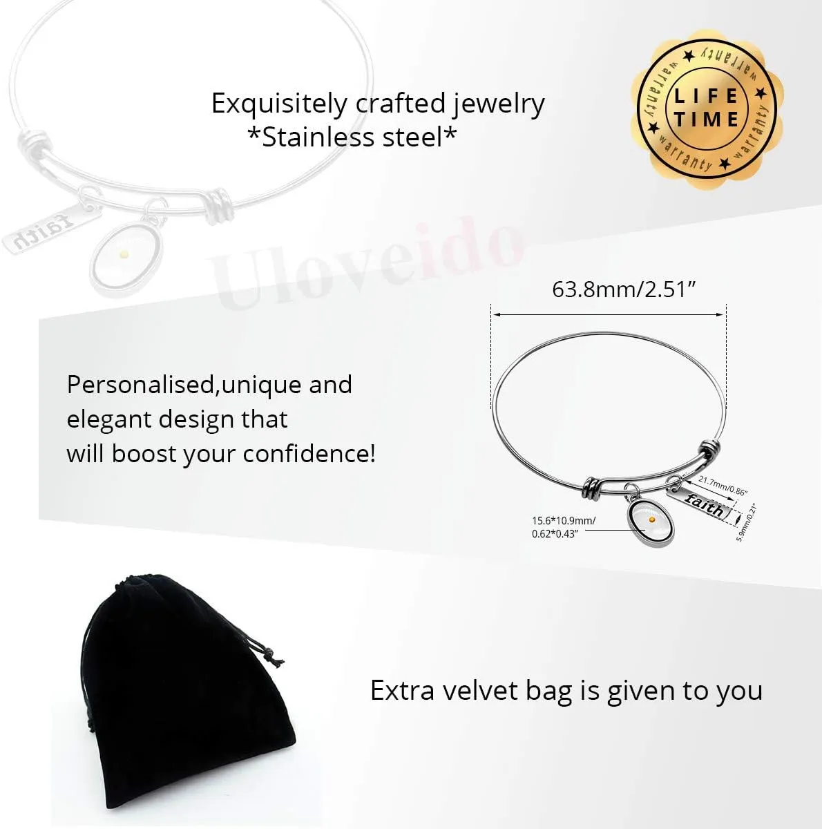 Uloveido 2.5 Inch Stainless Steel Faith Bangle Real Mustard Seed Bracelets Charm Jewelry for Christian Inspirational Gift Y558
