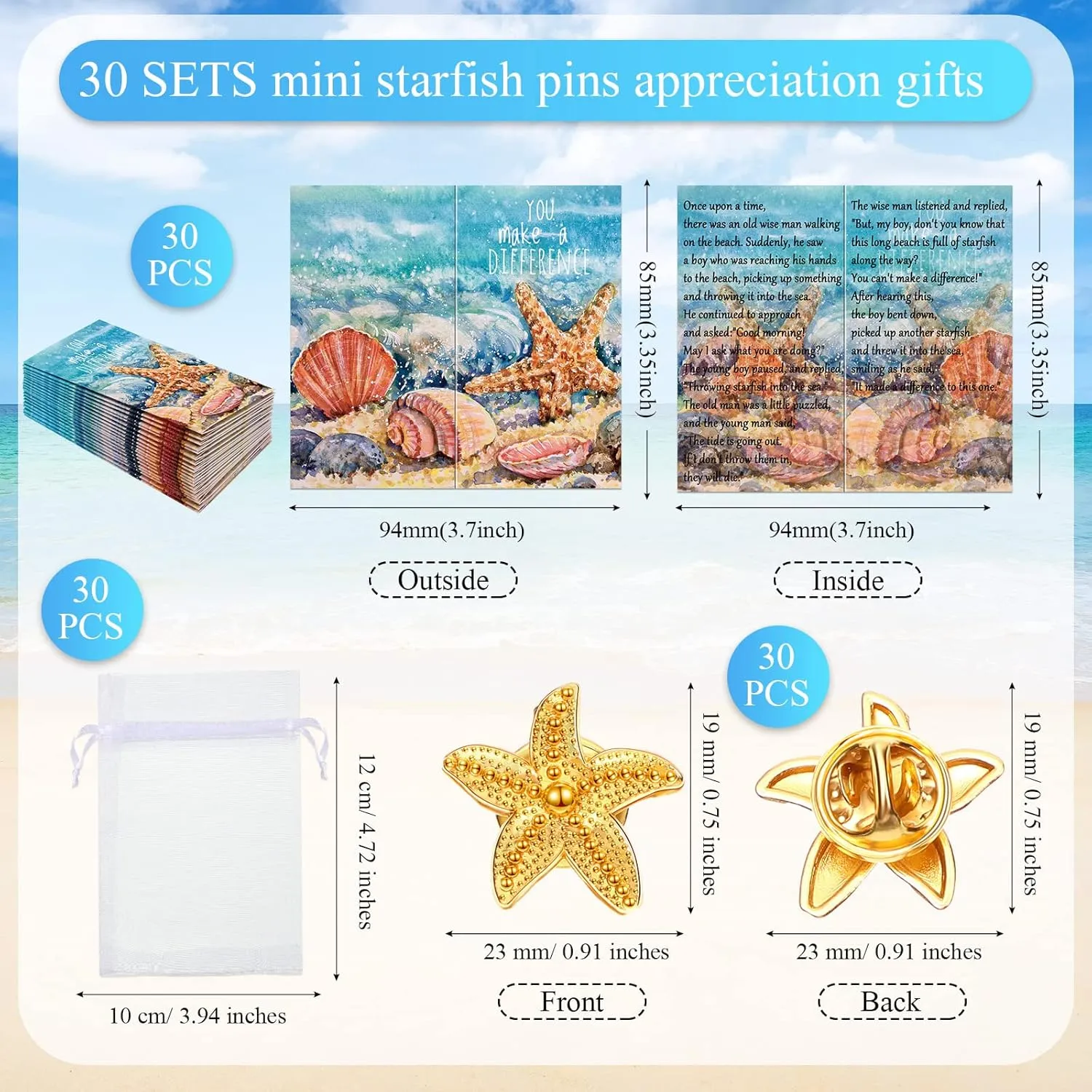 Unittype Starfish Story Keepsakes Starfish Pin Appreciation Cards Bags You Make a Difference Gifts for Volunteers Employees