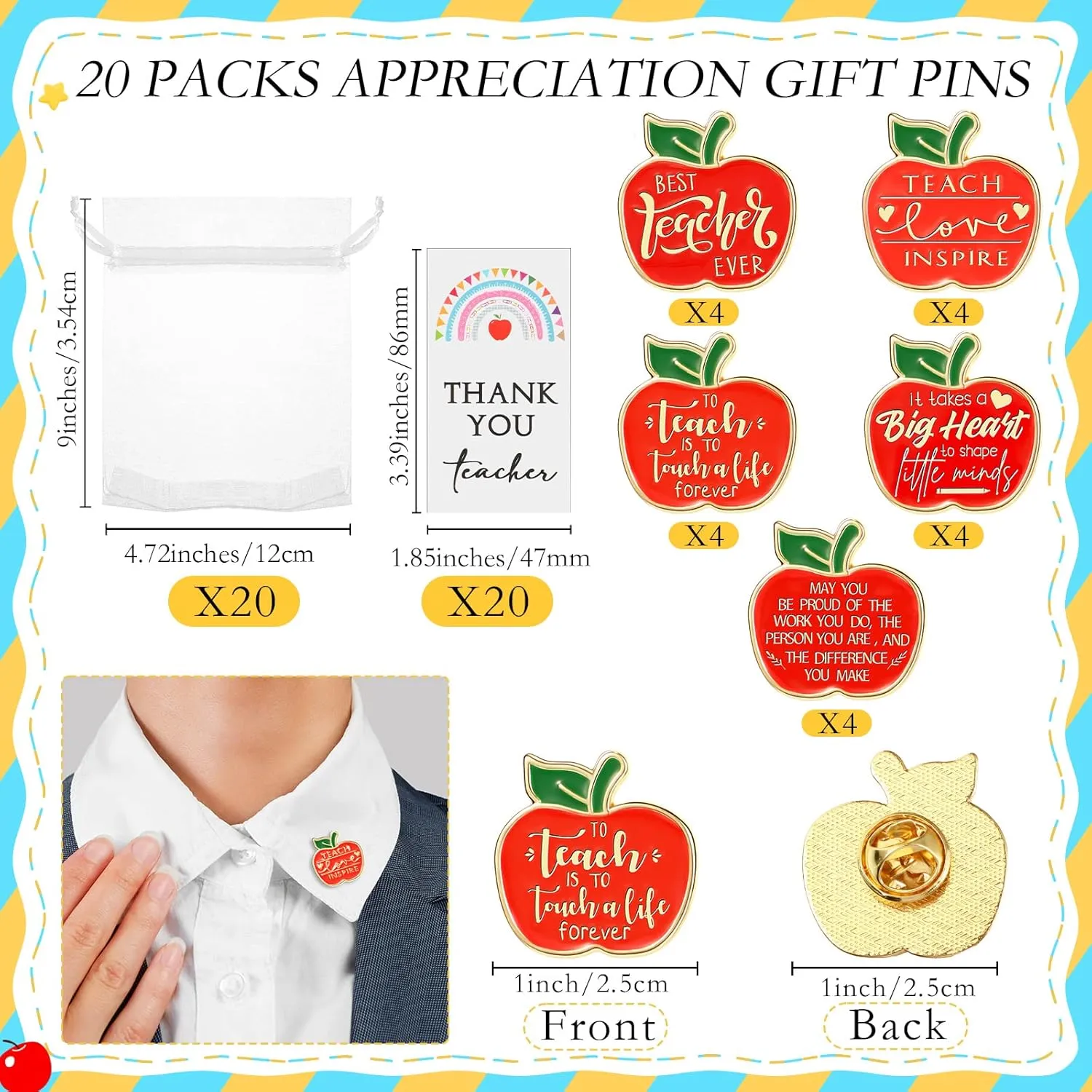 Unittype Teacher Appreciation Gift Bulk Lapel Pins Thank You Cards Organza Bags for Teacher Appreciation Week Staff Employee