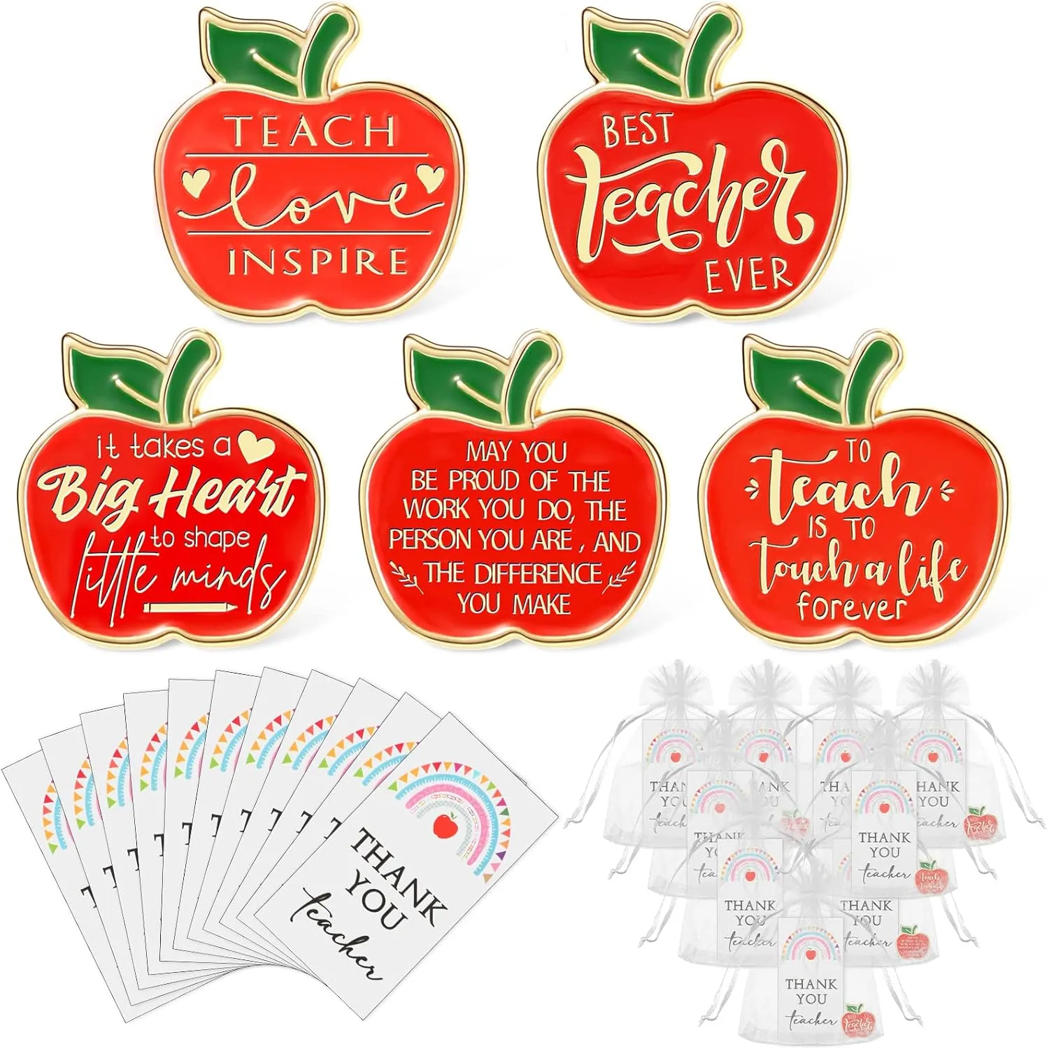 Unittype Teacher Appreciation Gift Bulk Lapel Pins Thank You Cards Organza Bags for Teacher Appreciation Week Staff Employee