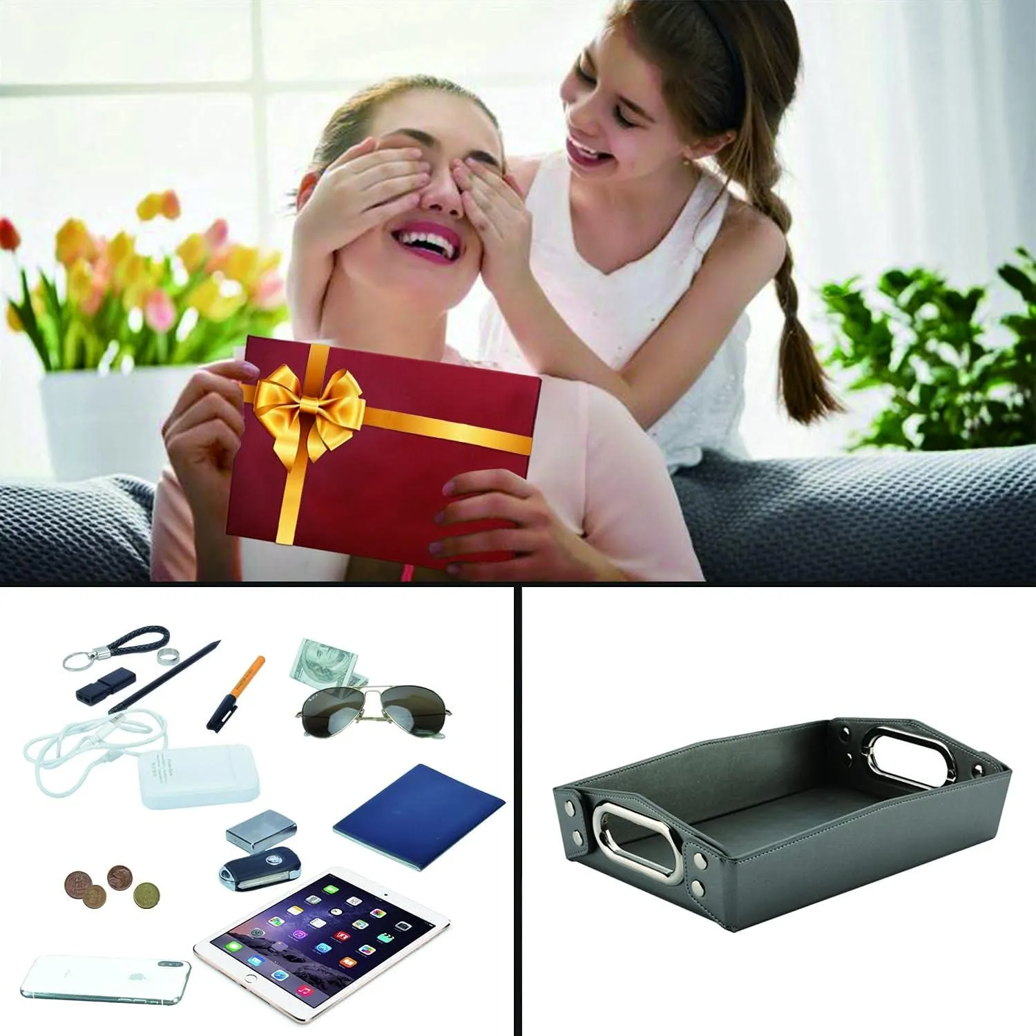 Valet Tray - PU Leather Key & Jewelry Tray - Men's Room Accessory - Dresser Top & Nightstand Organizer (Gun Color)