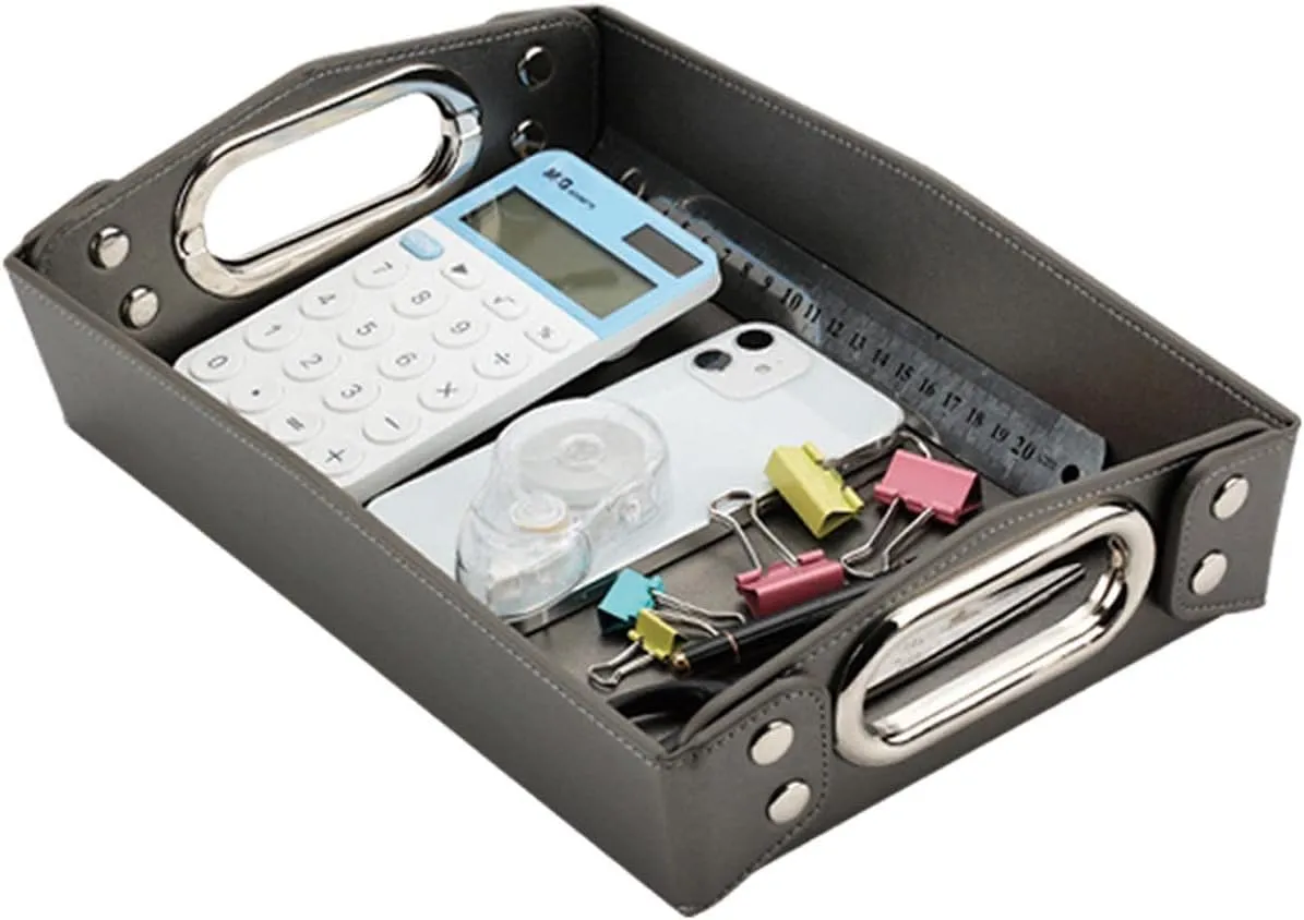 Valet Tray - PU Leather Key & Jewelry Tray - Men's Room Accessory - Dresser Top & Nightstand Organizer (Gun Color)