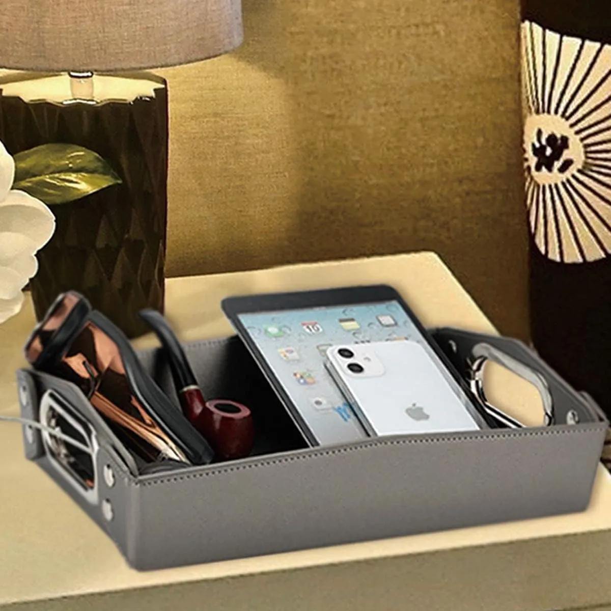 Valet Tray - PU Leather Key & Jewelry Tray - Men's Room Accessory - Dresser Top & Nightstand Organizer (Gun Color)