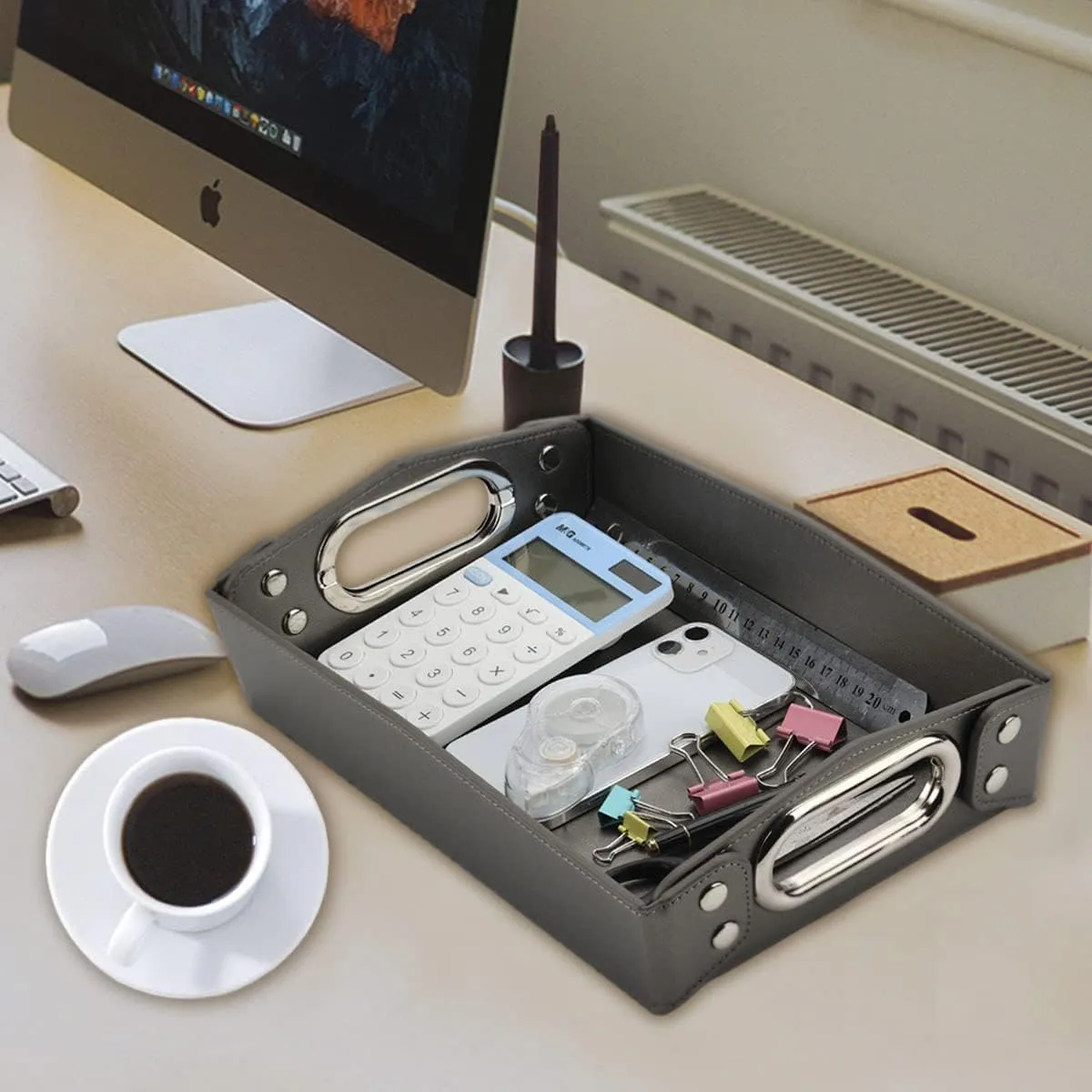 Valet Tray - PU Leather Key & Jewelry Tray - Men's Room Accessory - Dresser Top & Nightstand Organizer (Gun Color)
