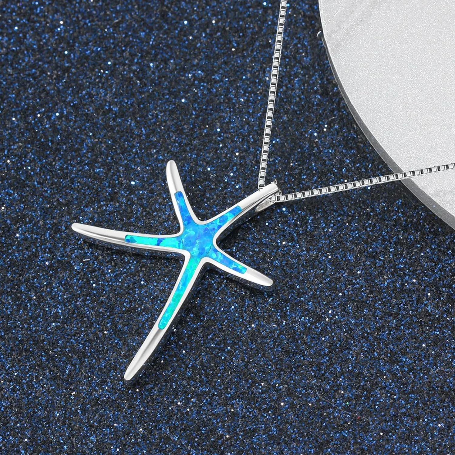 Vessantara Ocean Necklace,Blue Opal Pendant Necklace 925 Silver Sea Turtle Starfish Shark Tortoise Wave Palm Tree Beach Hawaiian Ocean Themed Jewelry Gifts for Women Daughter Wife Girl Birthstone