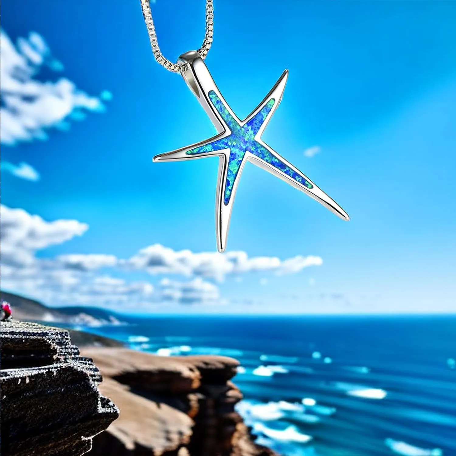Vessantara Ocean Necklace,Blue Opal Pendant Necklace 925 Silver Sea Turtle Starfish Shark Tortoise Wave Palm Tree Beach Hawaiian Ocean Themed Jewelry Gifts for Women Daughter Wife Girl Birthstone