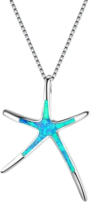 Vessantara Ocean Necklace,Blue Opal Pendant Necklace 925 Silver Sea Turtle Starfish Shark Tortoise Wave Palm Tree Beach Hawaiian Ocean Themed Jewelry Gifts for Women Daughter Wife Girl Birthstone