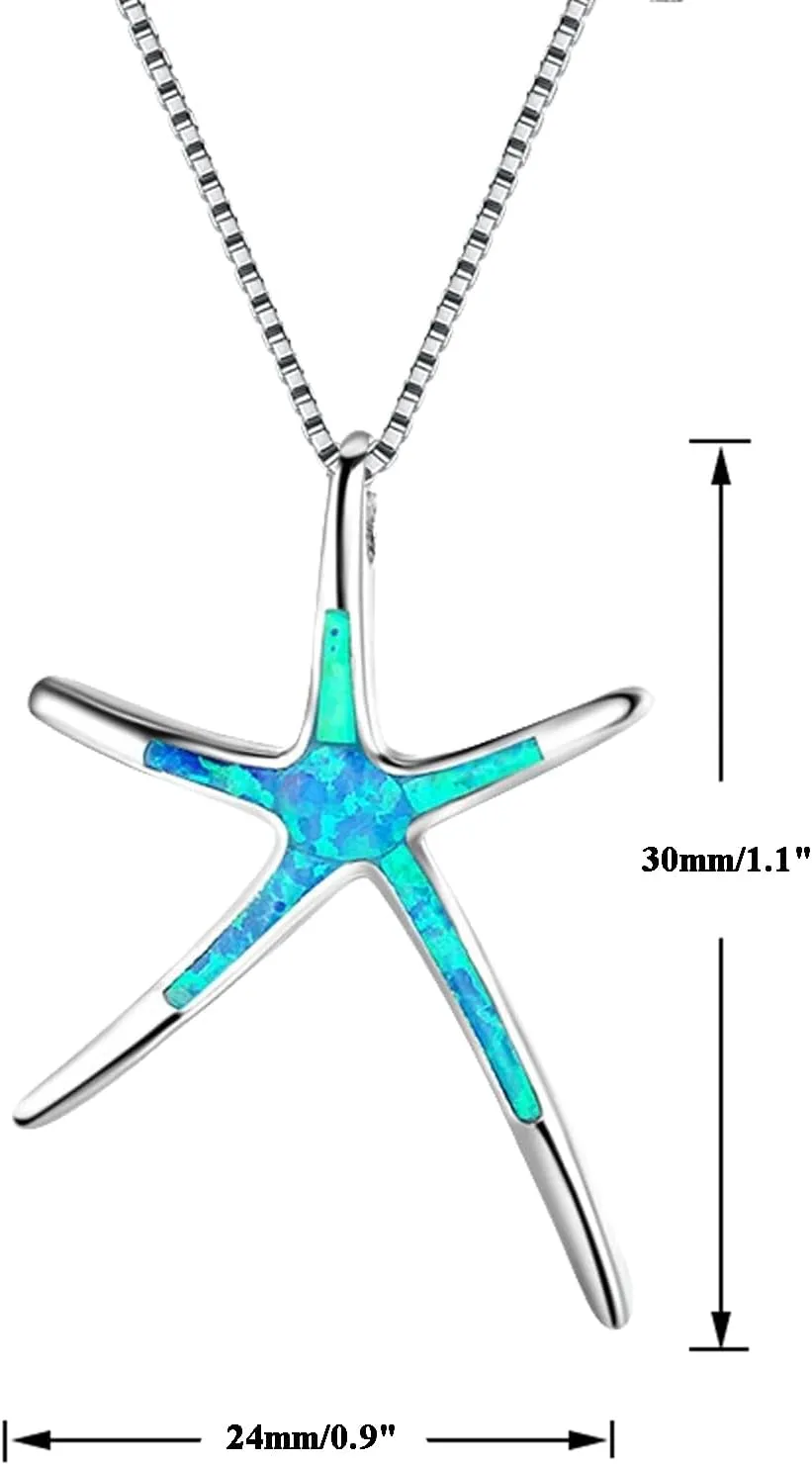 Vessantara Ocean Necklace,Blue Opal Pendant Necklace 925 Silver Sea Turtle Starfish Shark Tortoise Wave Palm Tree Beach Hawaiian Ocean Themed Jewelry Gifts for Women Daughter Wife Girl Birthstone