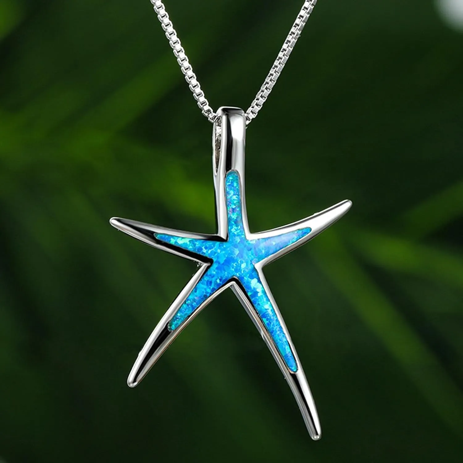 Vessantara Ocean Necklace,Blue Opal Pendant Necklace 925 Silver Sea Turtle Starfish Shark Tortoise Wave Palm Tree Beach Hawaiian Ocean Themed Jewelry Gifts for Women Daughter Wife Girl Birthstone