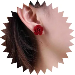 Vintage Burgundy Red Velvet Rose Stud Earrings - Tiny Rose Flower Jewelry for Women