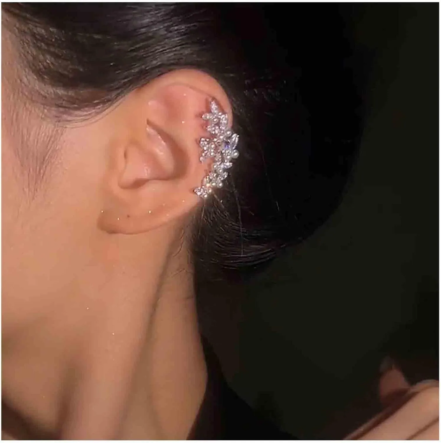 Vintage Cz Pearl Butterfly Cuff Wrap Earrings - Silver Crystal Boho Pearl Cuff Clip Earrings - No Piercing - Jewelry for Women and Teen Girls