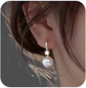 Vintage Pearl Crystal Dangle Earrings Gold Cz Pearl Huggie Hoop Earrings Rhinestone Huggie Earrings Wedding Pearl Earrings Jewelry for Women